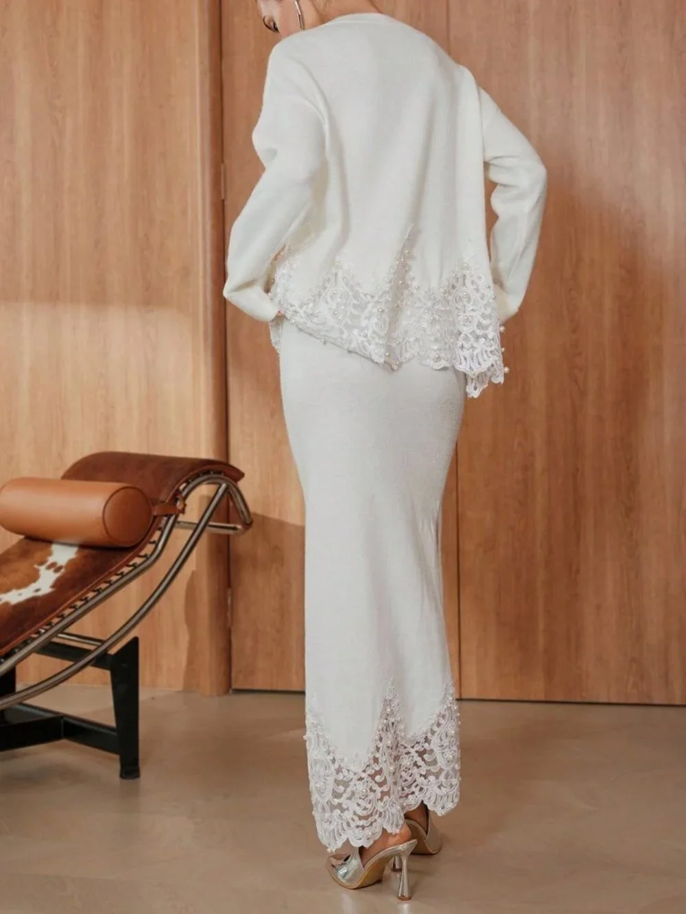 White Casual Women's LAce detailed Sweater top & Maxi Skirt Coord set
